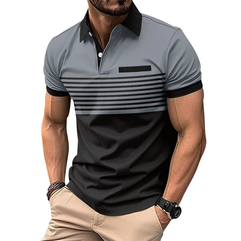 Men's Summer Polo Patchwork Short Sleeve Smart Casual Striped Turn Down Collar Shirt