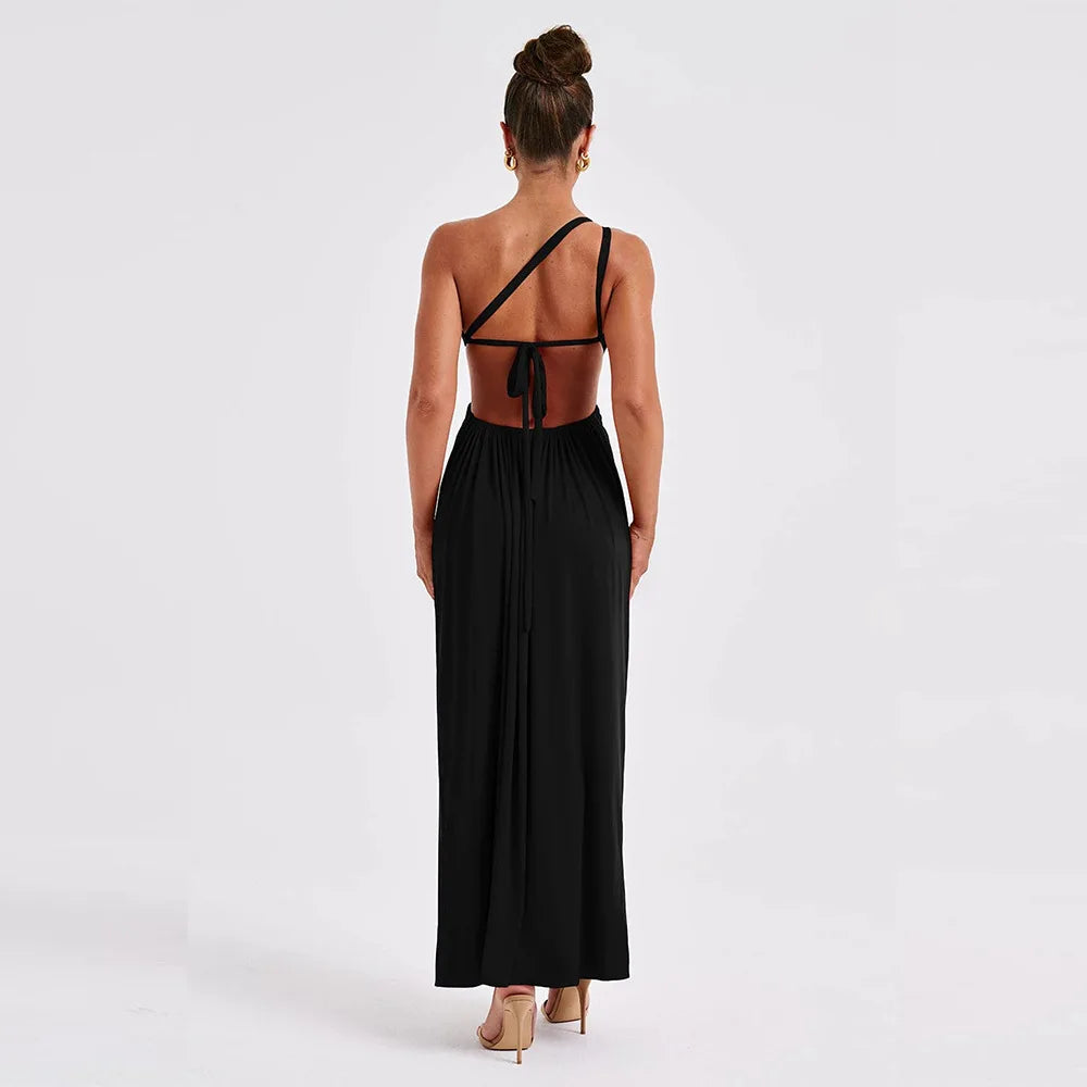 One Shoulder Split Maxi Dress - Women Backless Tie Detail Dress