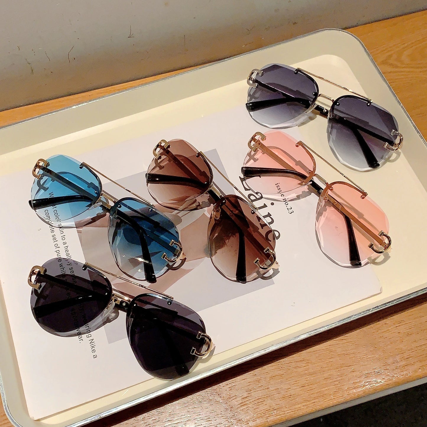 Unisex Vintage Rimless Classic Double Bridge Pilot Gradient Sunglasses