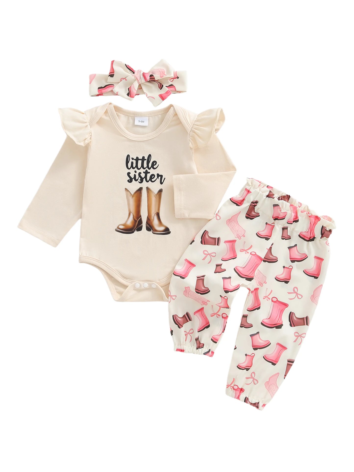 Baby Girls Western Fall Winter Outfit Set - Long Sleeve Romper, Boot Print Pants & Bow Headband (0-18M)