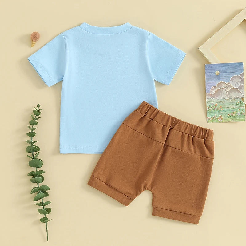 0-3Y Toddler Baby Boy Summer Clothes Set- 2pcs Letter Print Short Sleeve T-Shirt with Elastic Waist Solid Colour Shorts