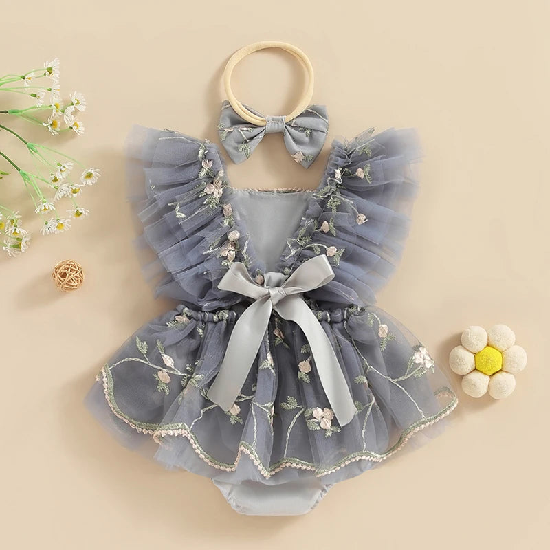 Baby Girls Summer Romper Dress with Headband - Floral Embroidery Tulle Jumpsuit