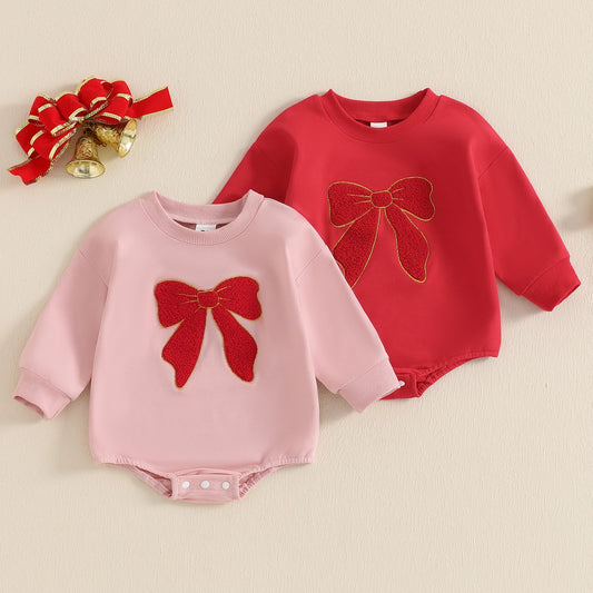 0-18M Baby Girls Sweatshirt Romper Bow Embroidery Long Sleeve Crew Neck Bubble Jumpsuit