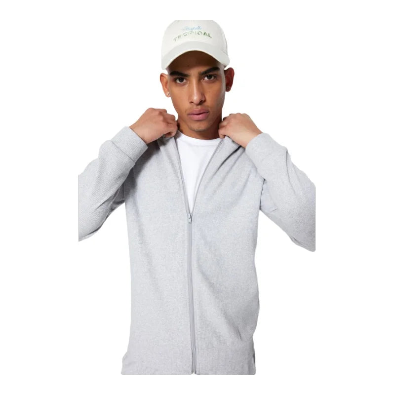 Men's Regular Fit Pocketless Knit Standard Sleeve Waffle Straight Leg Hood Plain Zippered Set