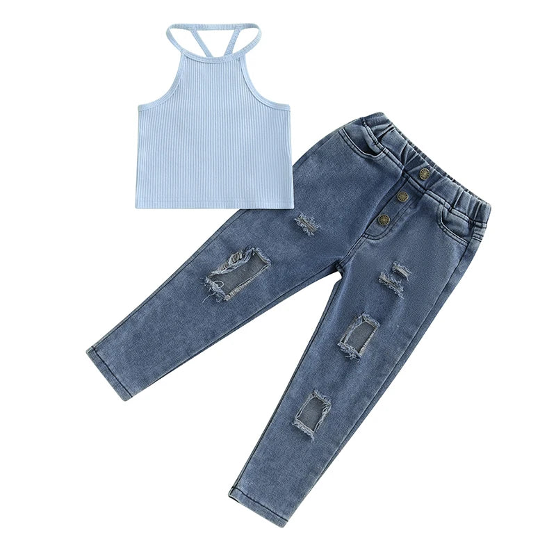 1-6Y Kids Girls Summer Clothes Sets Ribbed Halter Tank Tops and Elastic Ripped Denim Pants