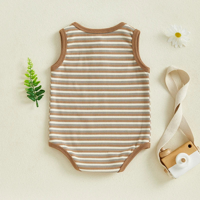 0-18M Baby Girls Boys Rompers Stripe Print Sleeveless Buttons Round Neck Summer Bodysuits Jumpsuit