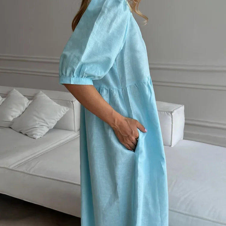 Women's  V-Neck Puff Sleeve Blue Dress- High Waisted Long  Dress