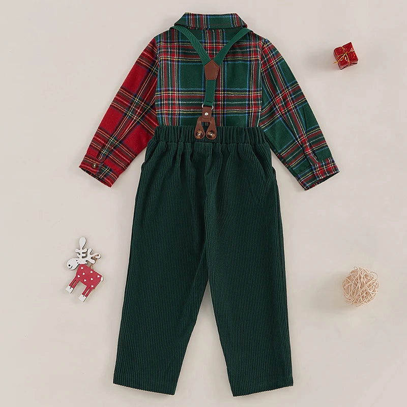 1-7Y Toddler Kids Boys Gentleman Clothes Sets Christmas Plaid Print Button Long Sleeves Shirt and Suspender Pants