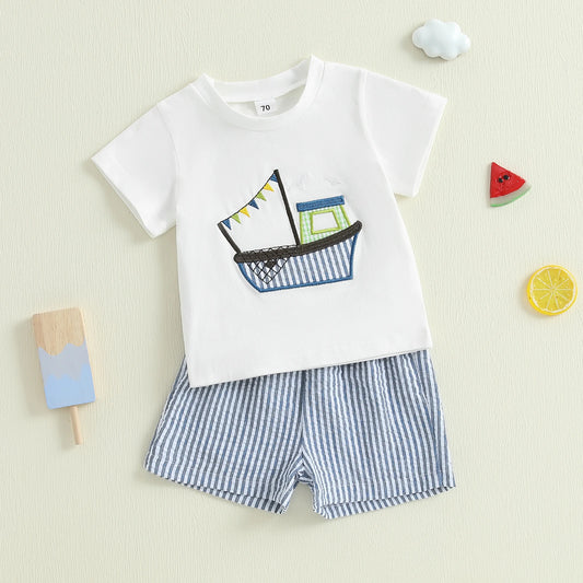 0-3Y  Casual Kids Boys Clothes Sets Boat Embroidery Short Sleeve T-shirt Striped Elastic Waist Shorts