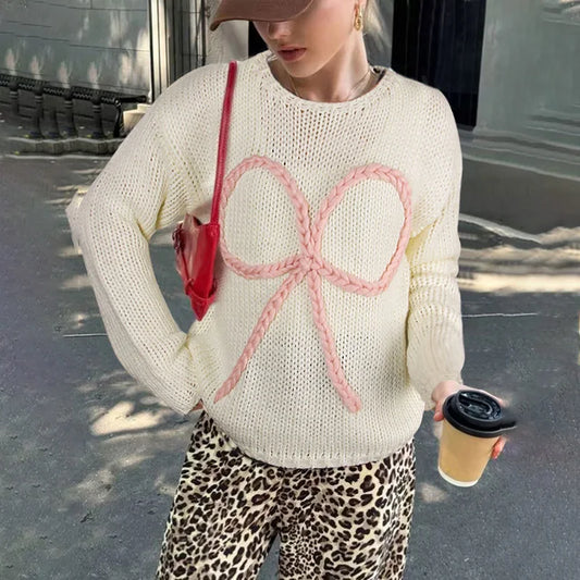 Women's Bows Long Sleeve Knitted Casual Loose Round Neck Crochet Pullovers Splice Sweater Top