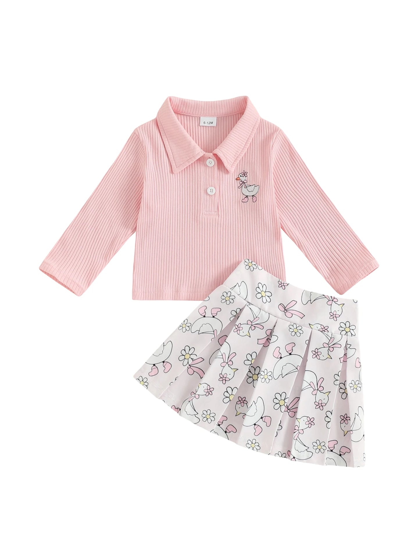 Baby Girls Animal Embroidery Outfit Set - Long Sleeve Top & Floral Print Skirt (0-4Y)
