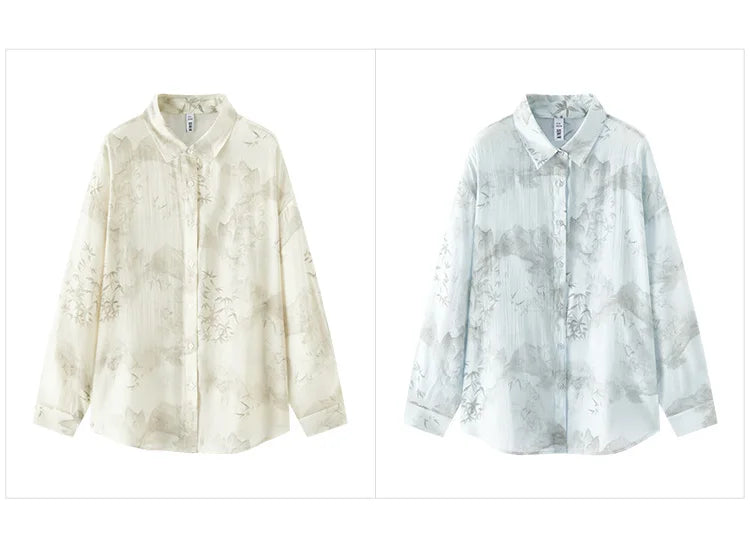 Women's Long Sleeve Oversized Shirt - Mid-Length Relaxed Fit with Artistic Ink Print