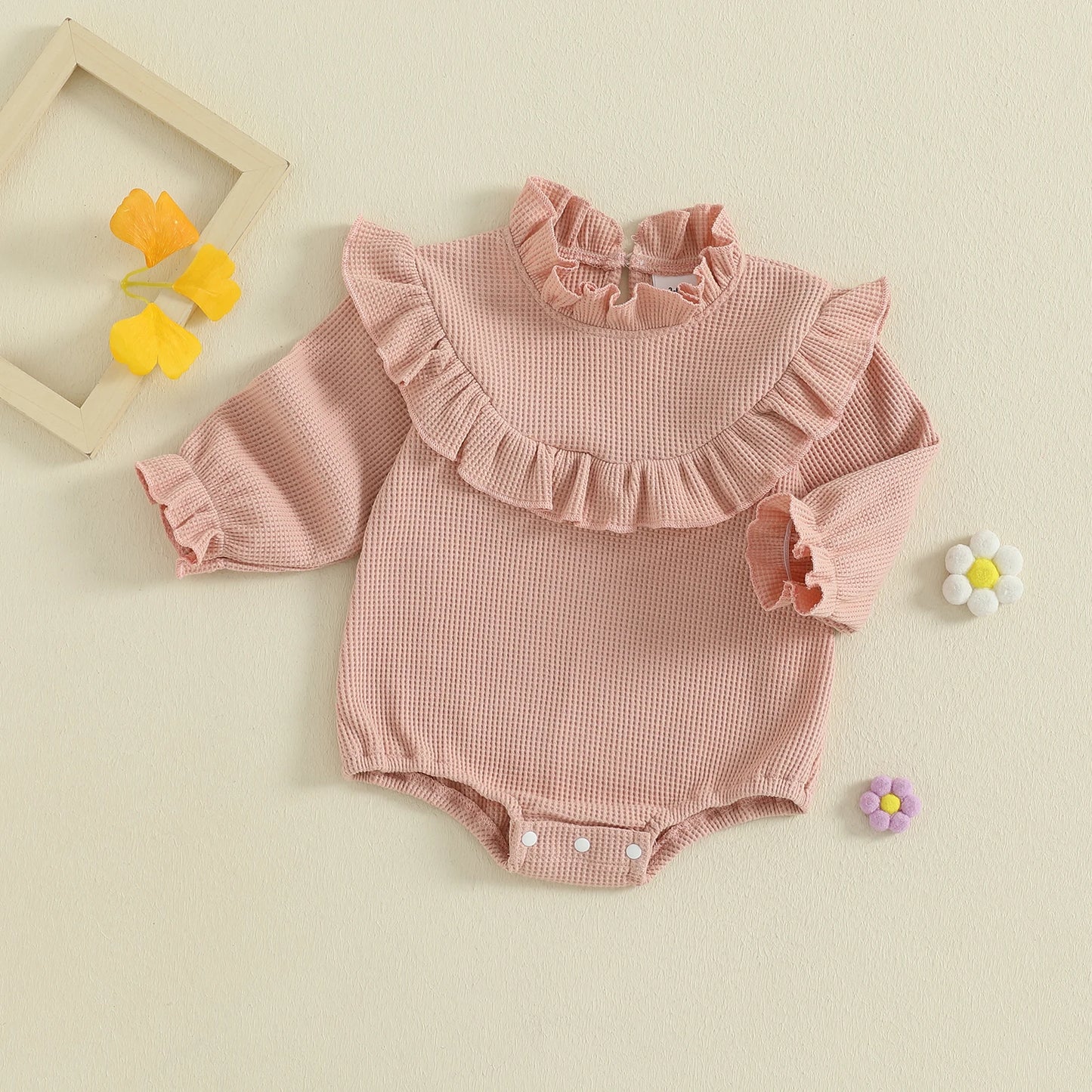 Newborn Baby Girls Waffle Romper - Long Sleeve Mock Neck Ruffled Jumpsuit