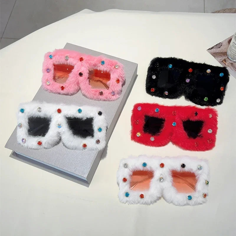 Women's Square Furry Sunglasses with Rhinestones