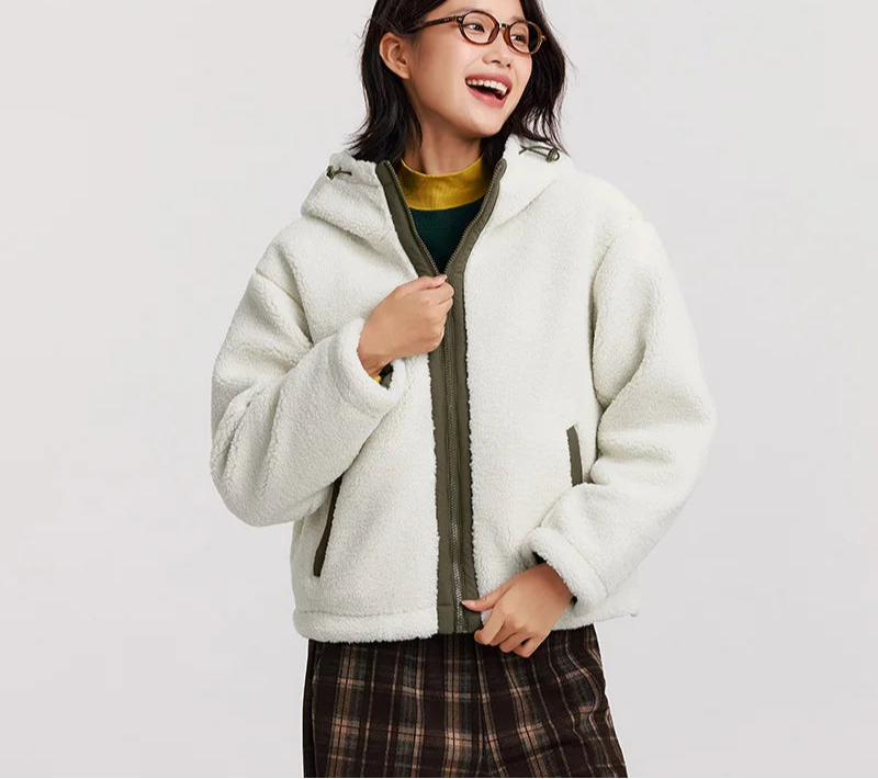 Women's Anti-Static Faux Sherpa Hooded Jacket - Loose Fit Color Block Winter Coat