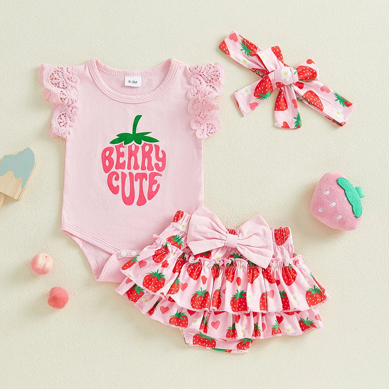 0-18M Baby Girls Summer Clothes Sets Flying Sleeves Letter Fruit Print Romper Tiered Ruffled Shorts with Headband