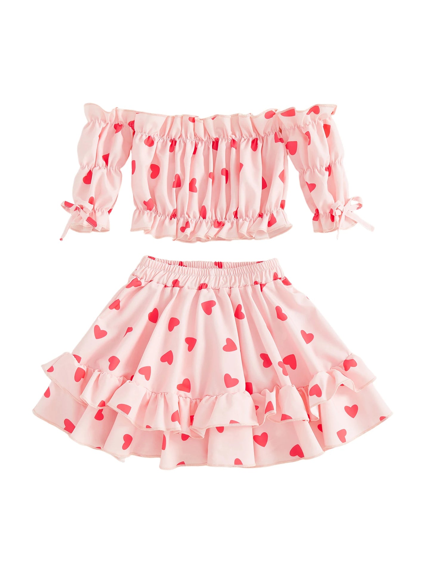 Valentine's Day Girls Outfit Set - Heart Print Off Shoulder Top & A-Line Skirt
