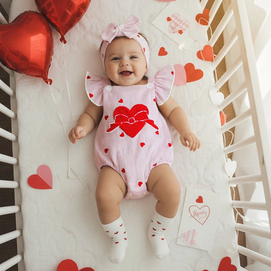 Baby Valentine's Day 2-Piece Set - Striped Heart Bodysuit & Headband