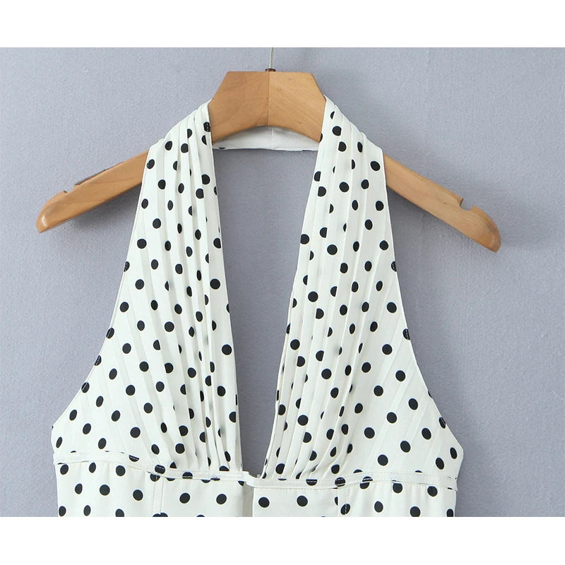 Polka Dot Halter Mini Dress - Deep V Backless A-Line Dress