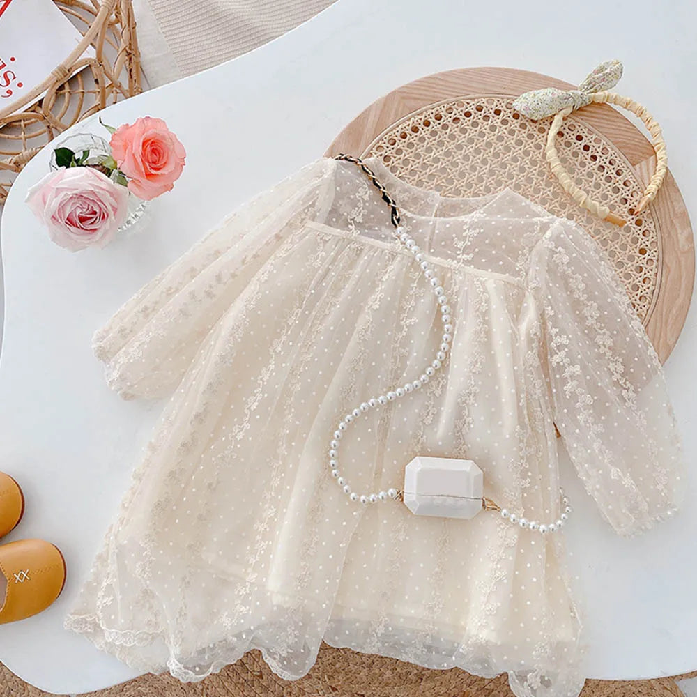 Girls' Lace Tulle Princess Dress – Long Sleeve Party & Wedding Dress