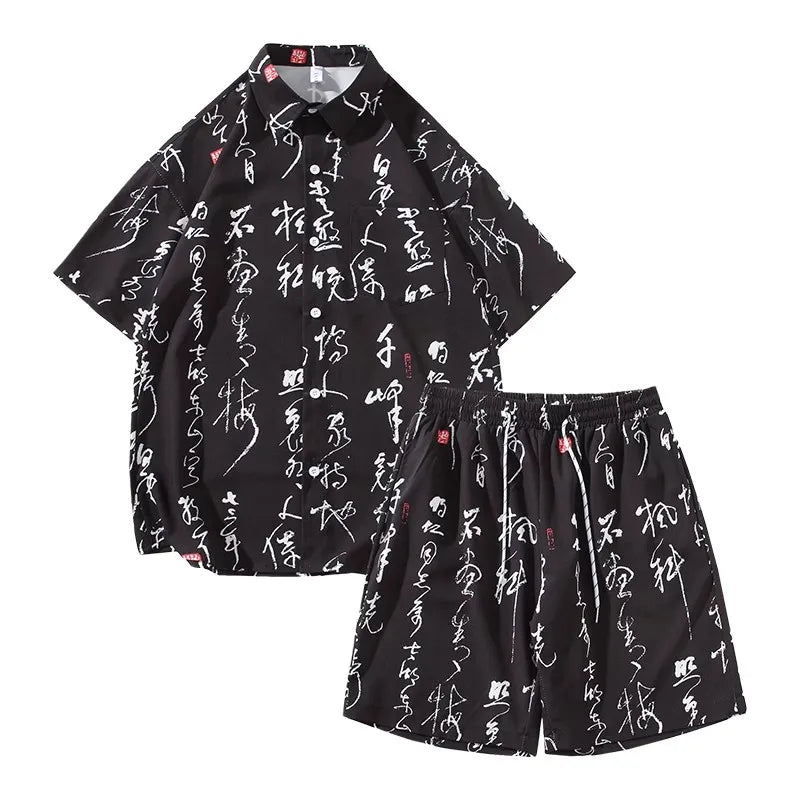 Men's Summer Print Chinese Style Short Sleeve Sports Casual  Shirt and Shorts