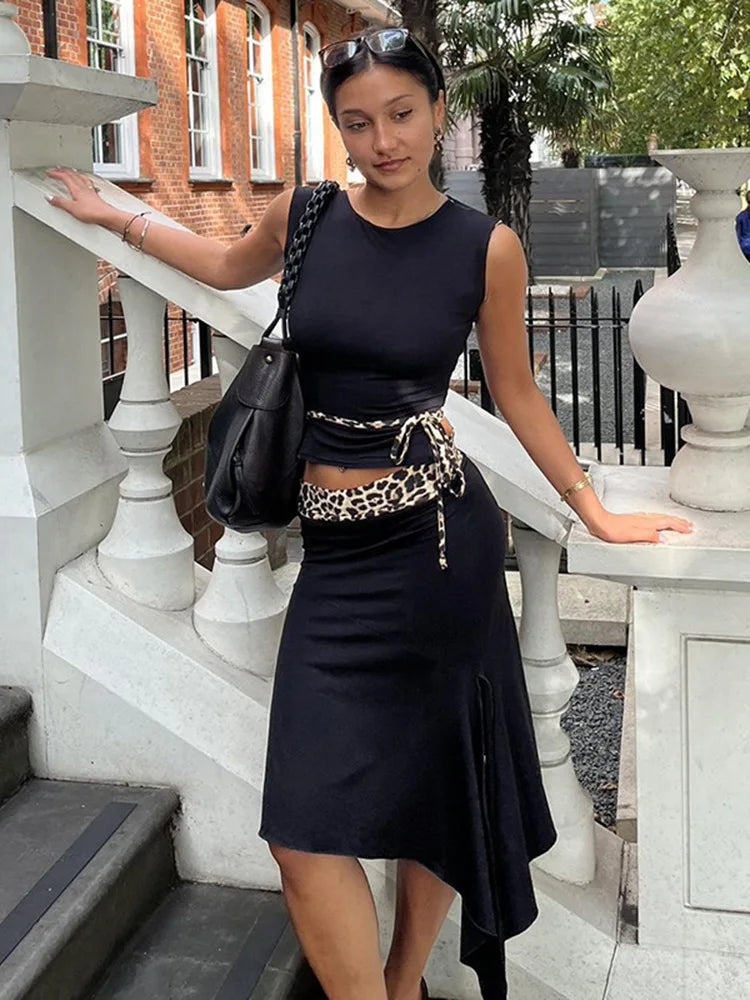 Women's Double Wear Skirt - Leopard Print Lace Up Sleeveless Vest Irregular Splice Skirt Two Pieces Set