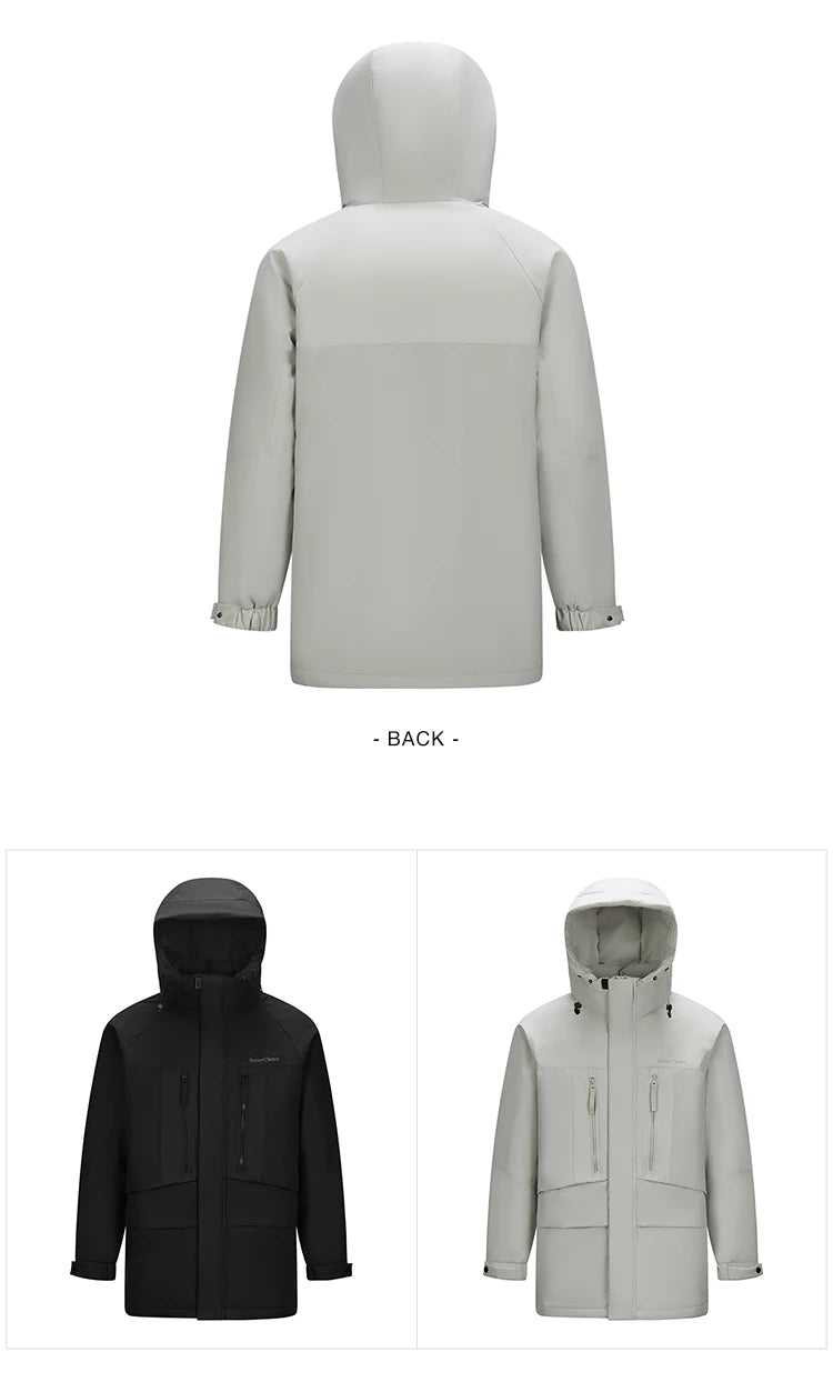 Mid-Length Down Jacket - Men's Color Block Hooded Winter Coat