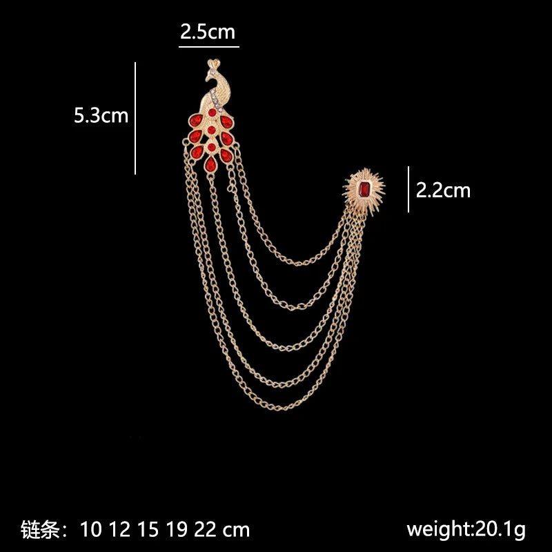 Men's Retro Brooch Pin Badge Peacock Tassel Collar Pins with Chain Shirt Crystal Corsage Jewelry Accessorie