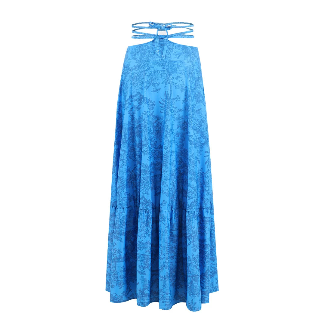 Women's Printed Strapless Bra Top & A-Line Maxi Skirt Three-Piece Beach Set
