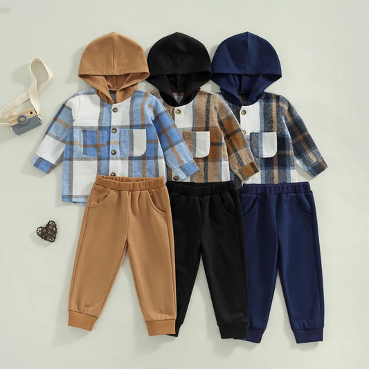 1-6Y Autumn Causal Kids Boys Clothes Sets 2pcs Plaid Printed Patchwork Hooded Long Sleeve Jacket and Trousers