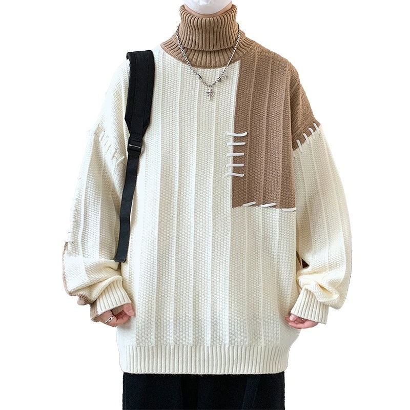 Men's Turtleneck Patchwork Casual Knit Pullover Loose Knitted Sweater