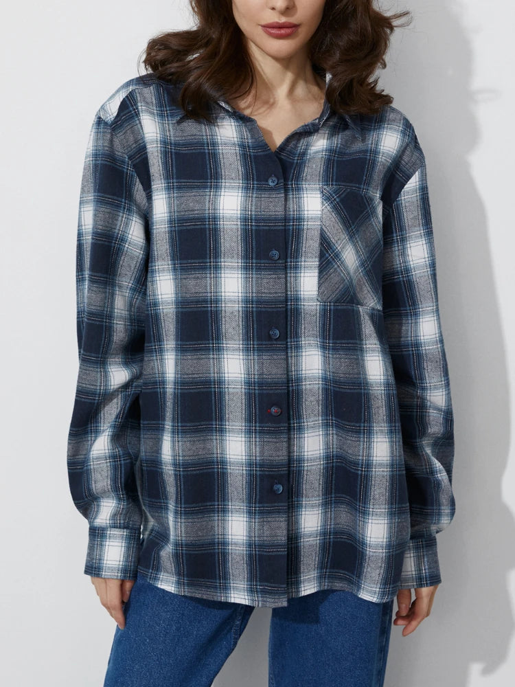 Women's Retro Plaid Turn Down Collar Shirt