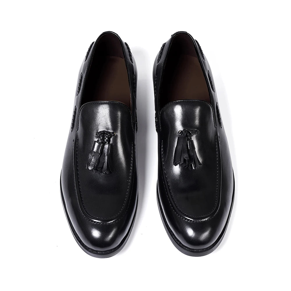Classic Men's Tassel Loafers Genuine Leather Handmade Slip on Comfortable Office Wedding Shoes