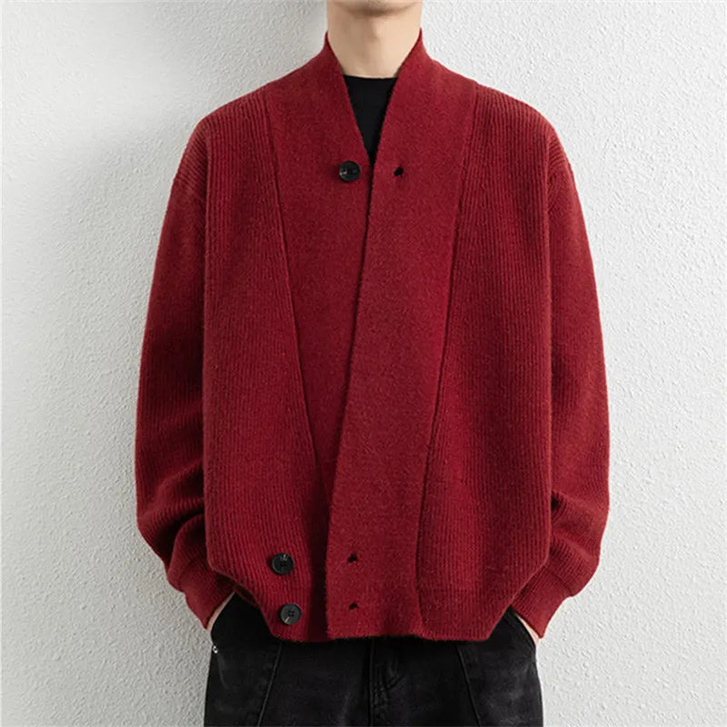 Men's V-Neck Knit Cardigan - Loose Fit Solid Colour Sweatercoat for Spring Autumn