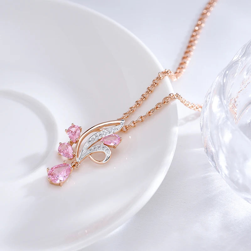 Women's 585 Rose Gold Silver Colour Shiny Pink Natural Zircon Flower Pendant Necklace