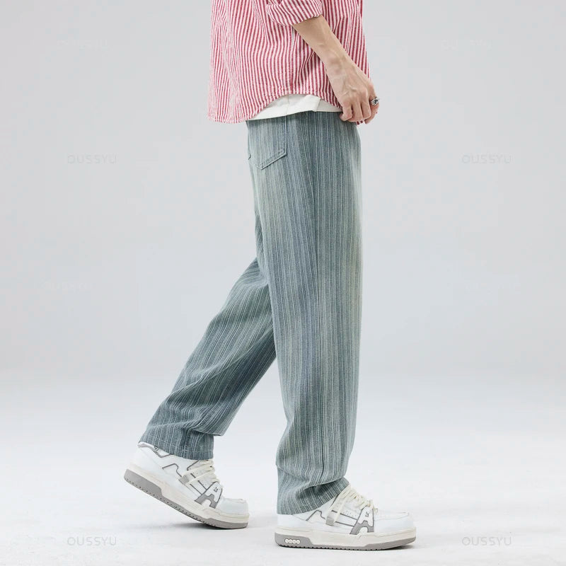 Men's Cotton Striped Straight Leg Jeans | Zipper Fly | Moustache Effect Wash | Midweight | Spring Summer | High Street