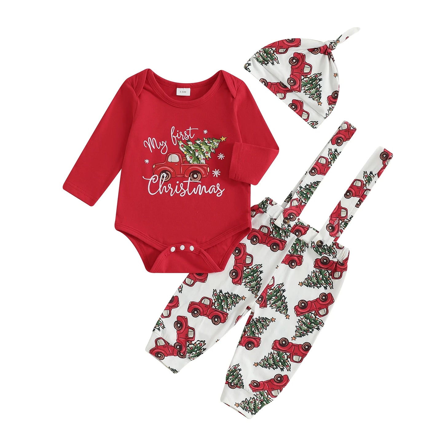 Christmas Baby Boys 3-Piece Outfit Set - Printed Romper, Overalls & Hat (0-18M)
