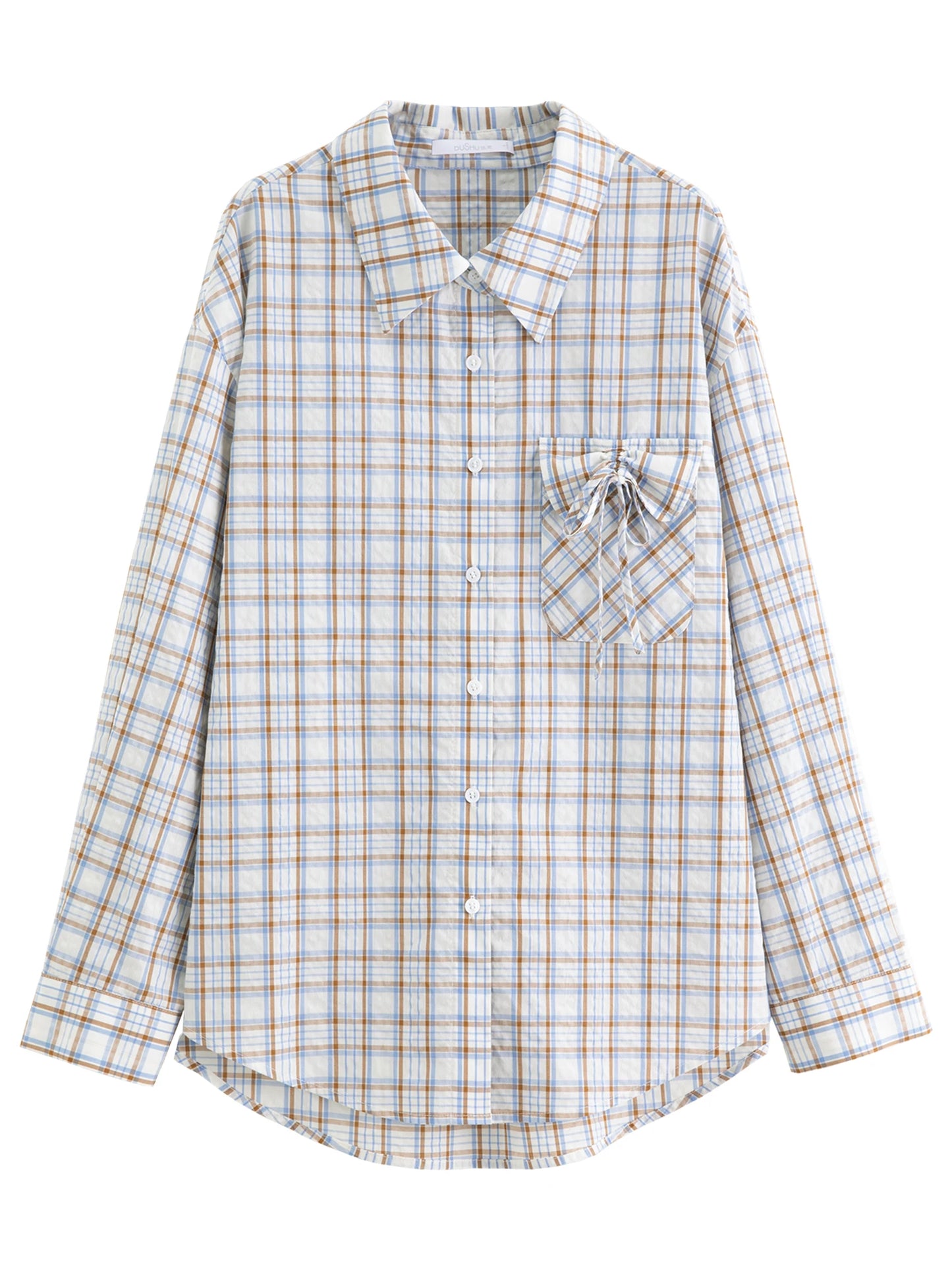 Plus Size Plaid Collar Shirt - Drawstring Pocketed Casual Top