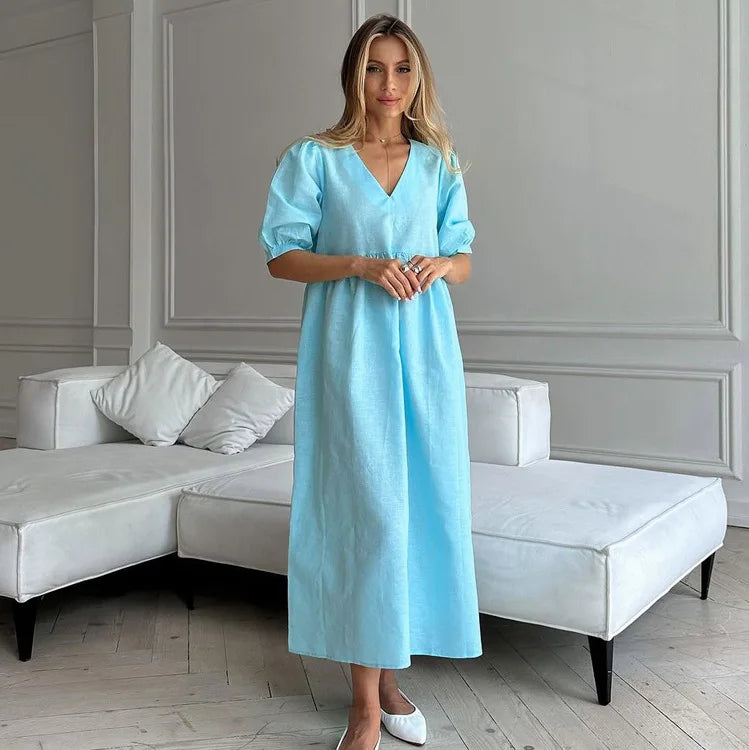 Women's  V-Neck Puff Sleeve Blue Dress- High Waisted Long  Dress