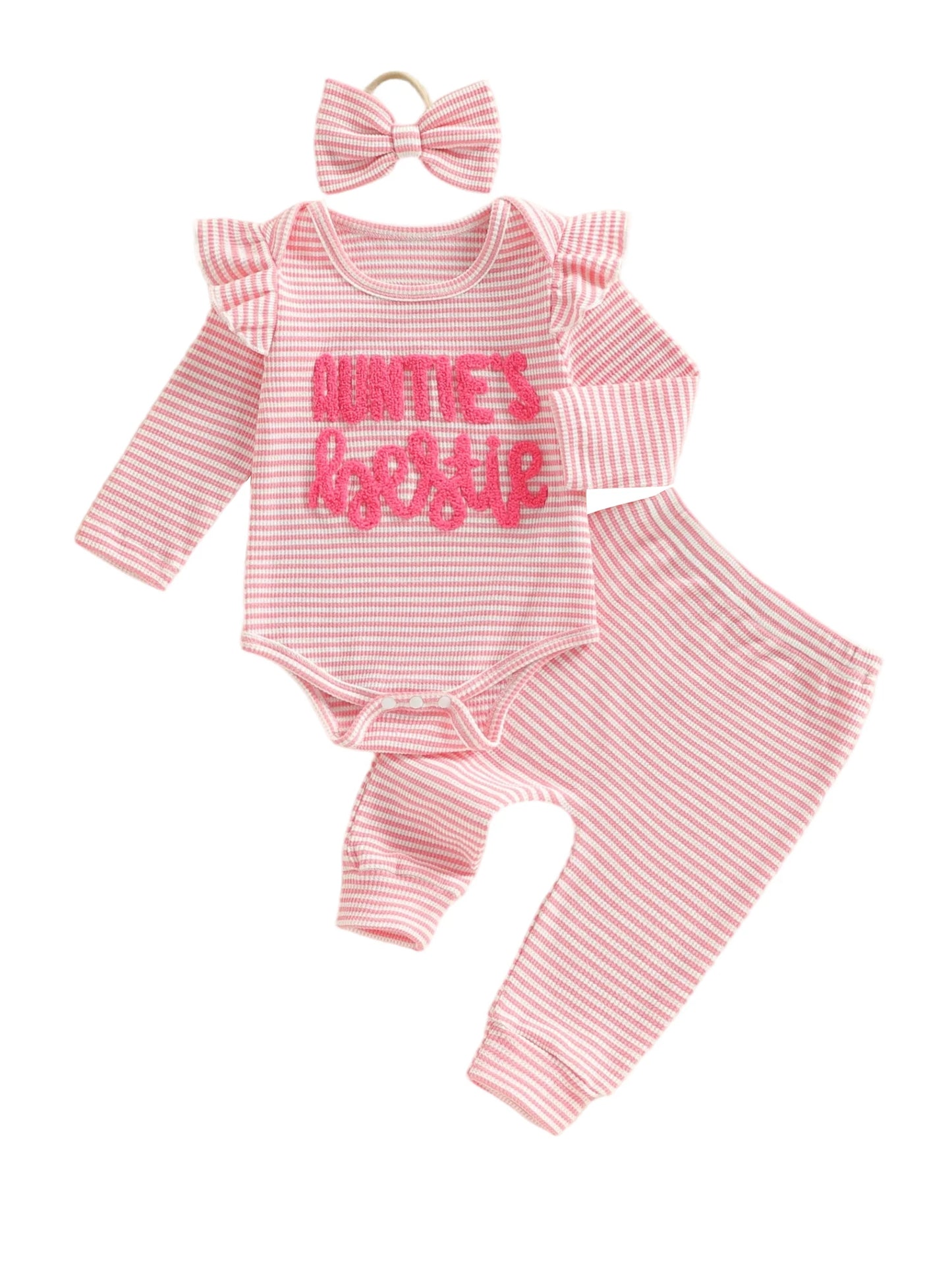 Newborn Baby Girls 3-Piece Outfit Set - Striped Romper, Pants & Headband (0-12M)