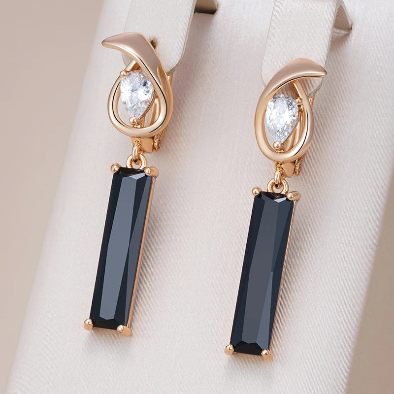 Simple Long Square Black Natural Zircon Drop Earrings For Women 585 Rose Gold Colour