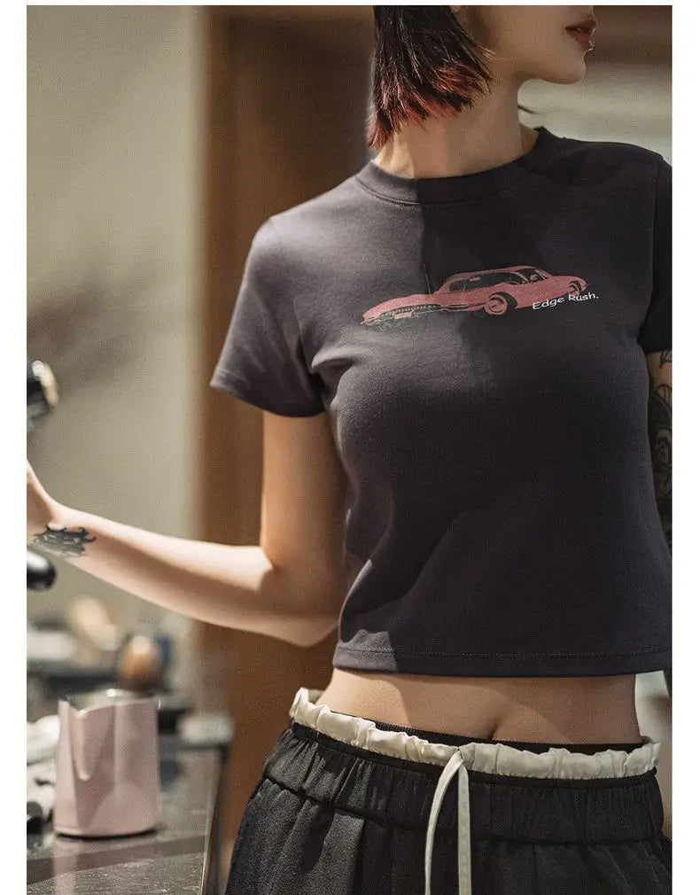 Women's Vintage Racing Print Crop Top - Y2K Style Short Sleeve Tee