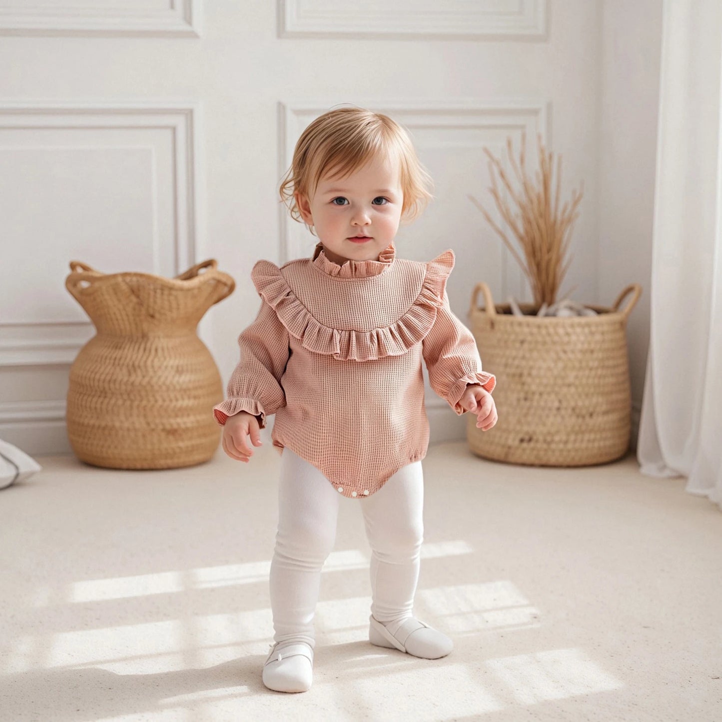Newborn Baby Girls Waffle Romper - Long Sleeve Mock Neck Ruffled Jumpsuit