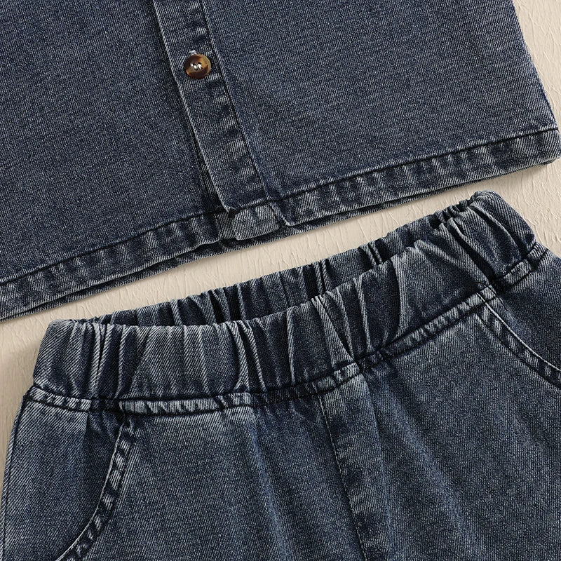 2-6Y  Kids Boys Girls Summer Denim Clothes Sets Short Sleeve Button-down Shirt with Elastic Waist Shorts