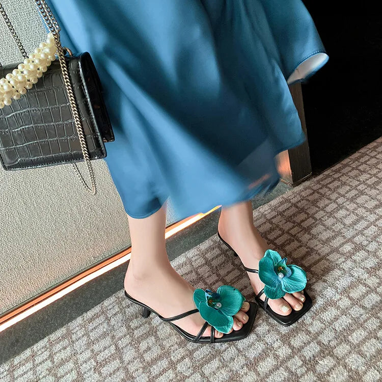 Women's 3D Flower Beach Slippers - Square Toe Heel Sandals