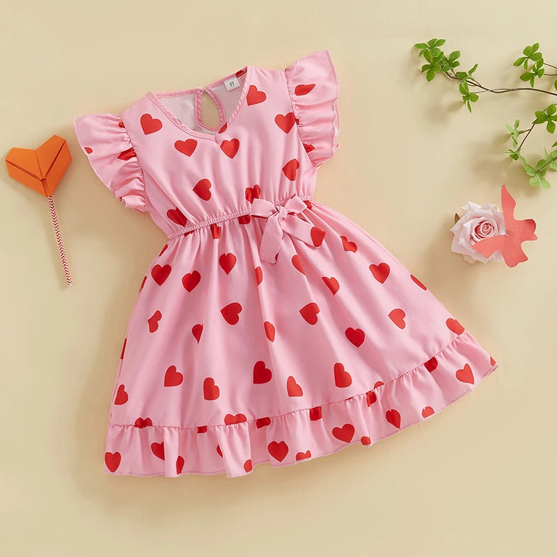 Girls' Valentine's Heart Print Dress - Flutter Sleeve V-Neck A-Line Dress