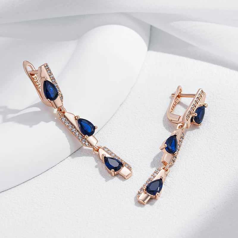 Women's 585 Rose Gold Colour Blue Natural Zircon Geometry Long Dangle Earrings