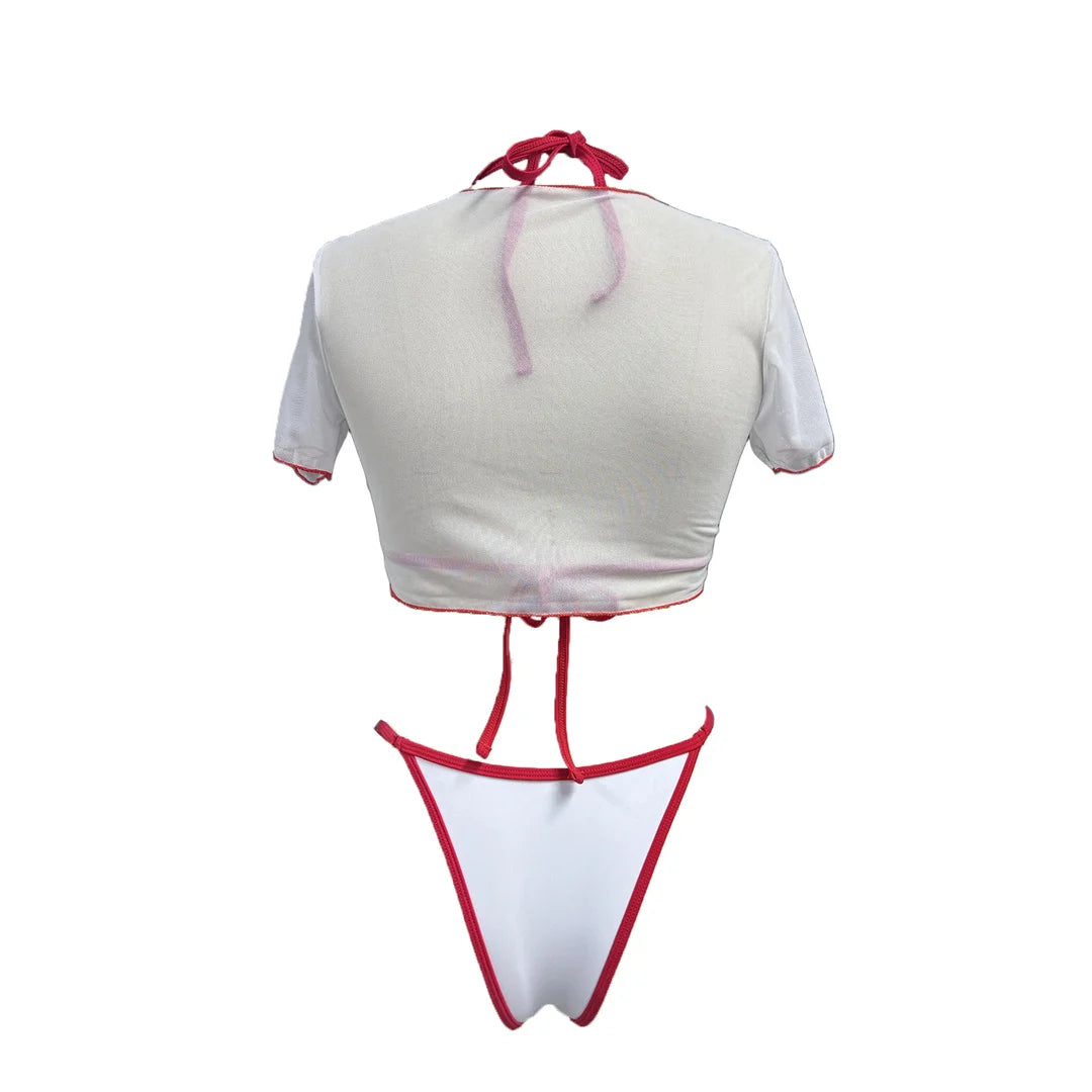 Women's Cherry Printed Short Sleeve Bikini Swimsuit Swimwear Three-pieces Bikini Set