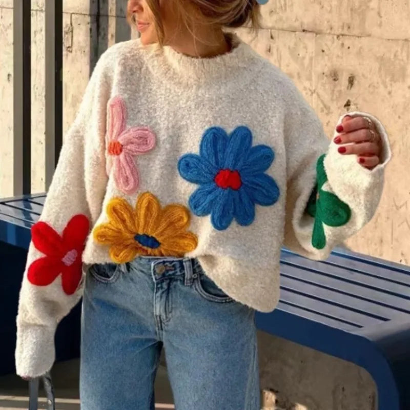 Women's Crochet Flower Pullover Knitted Sweater - Loose Lantern Long Sleeve Embroidery Knit Top