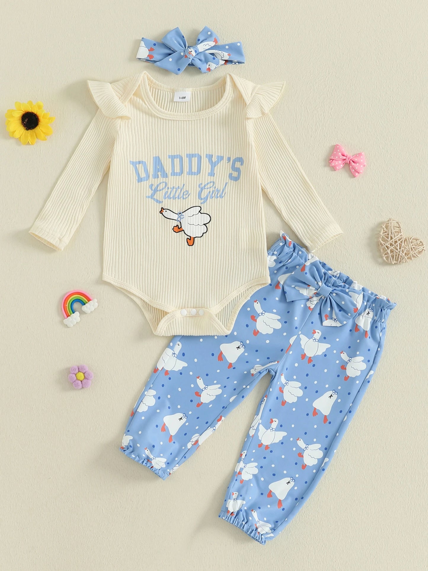 Baby Girls Duck Print Outfit Set - 3-Piece Long Sleeve Romper, Dot Pants & Headband (0-18M)